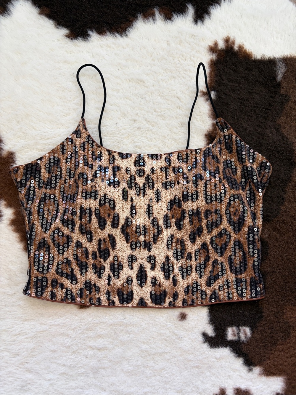 Leopard Sequin Crop Cami Top - Brown